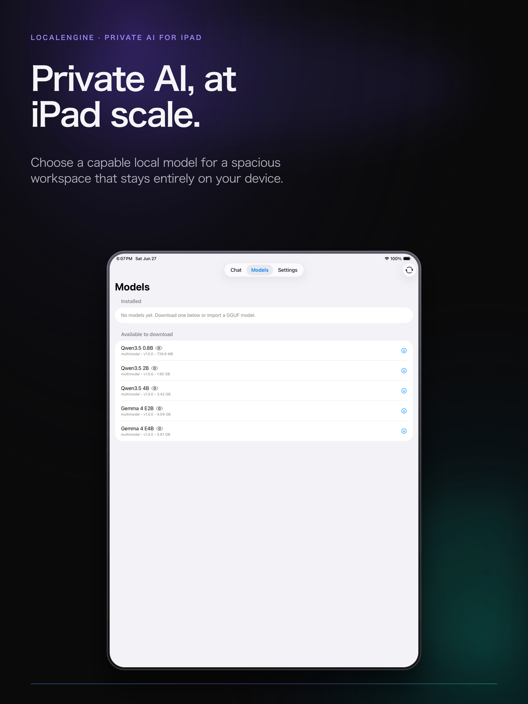 LocalEngine on iPad — private AI at iPad scale