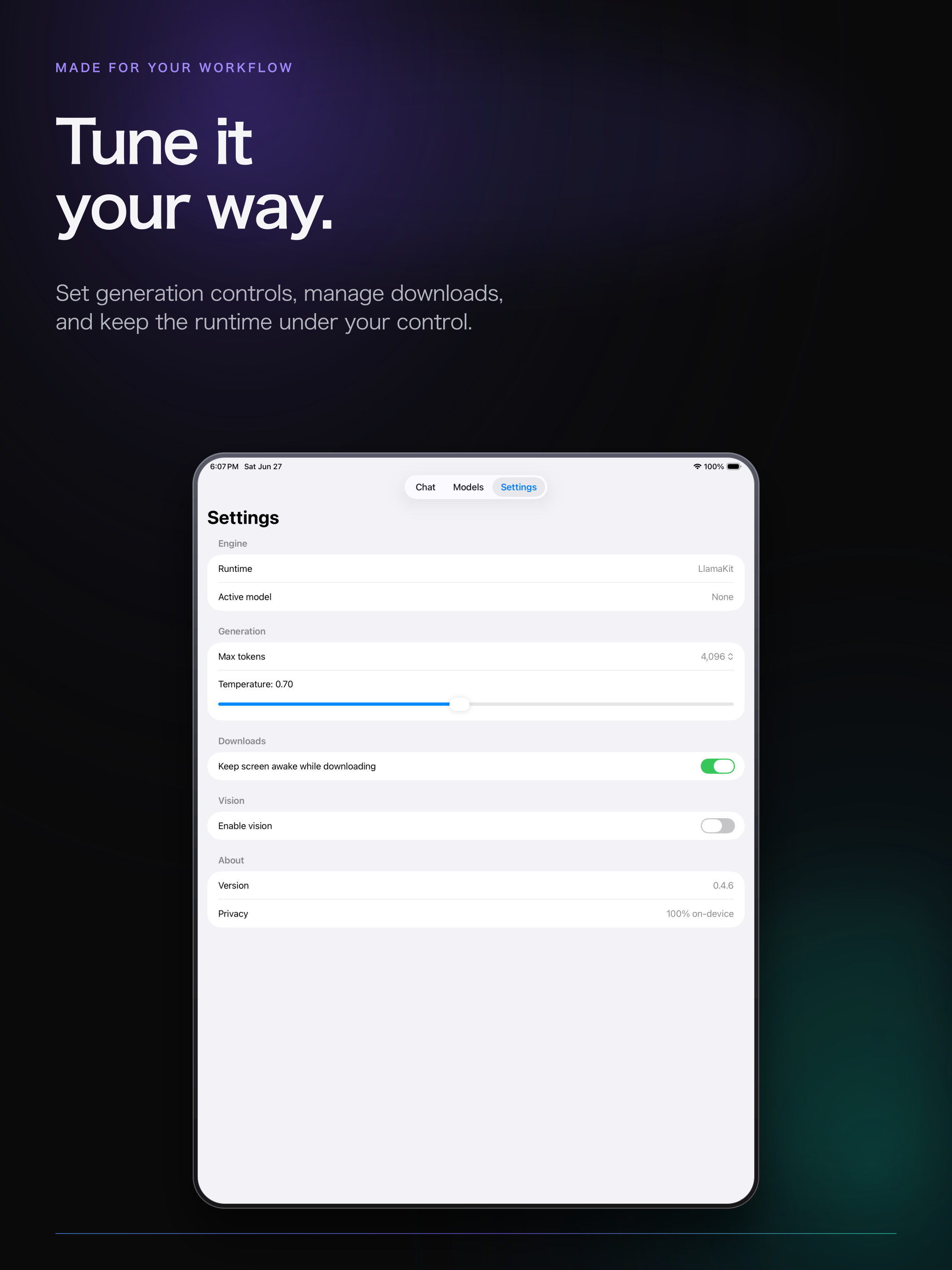On-device settings on iPad