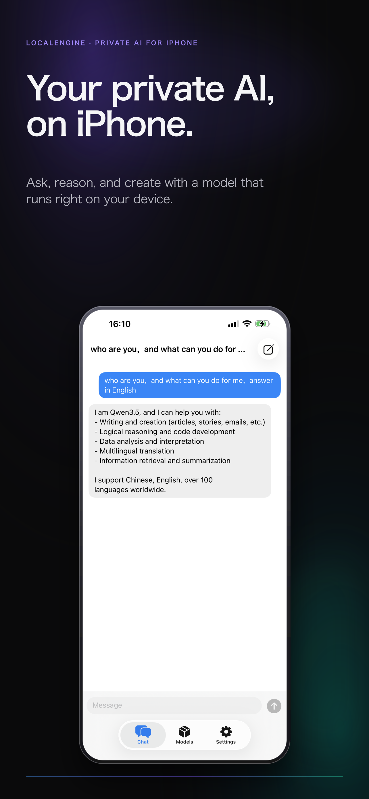 LocalEngine on iPhone — private AI that runs on device