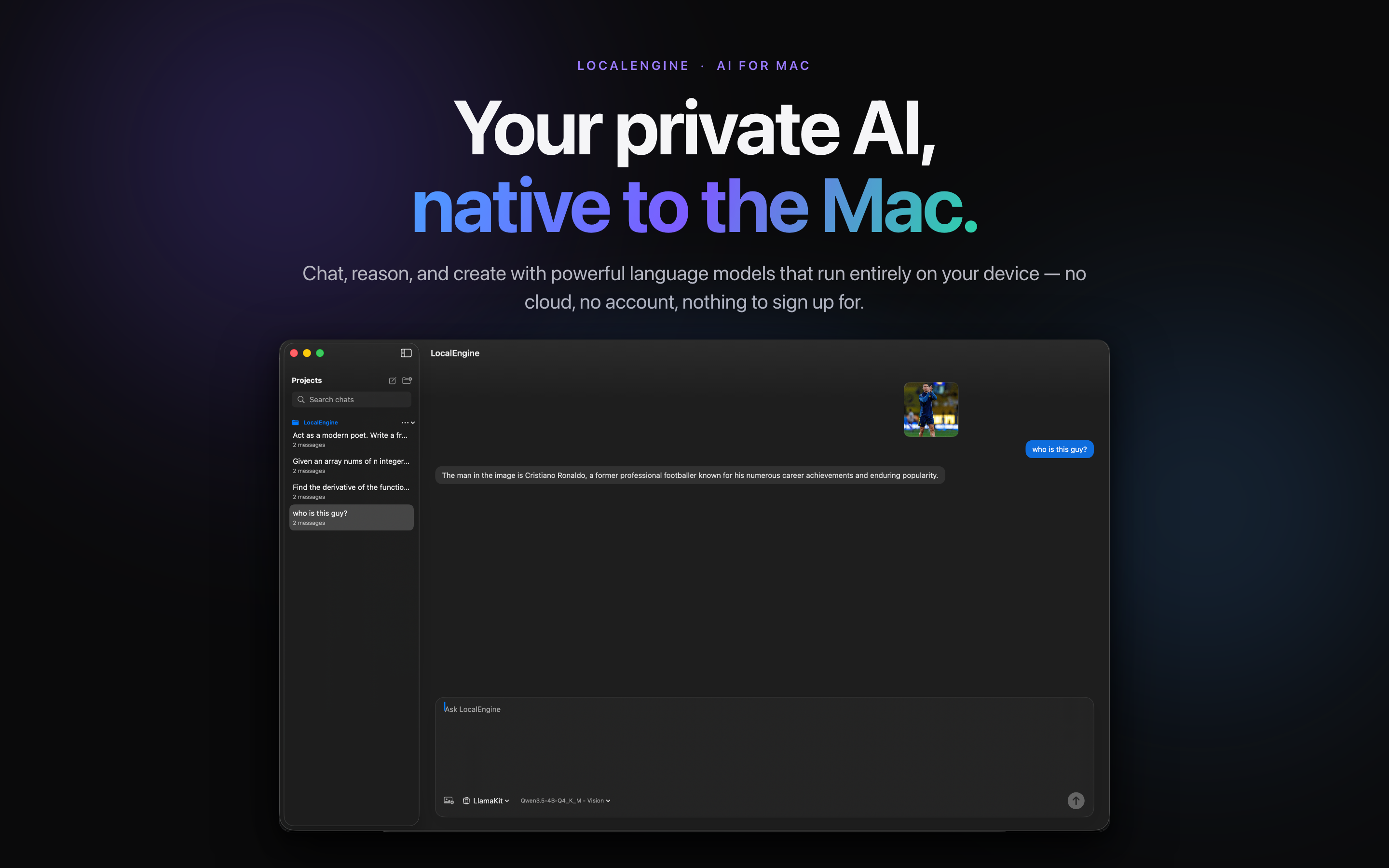 LocalEngine on Mac — private AI chat that understands images