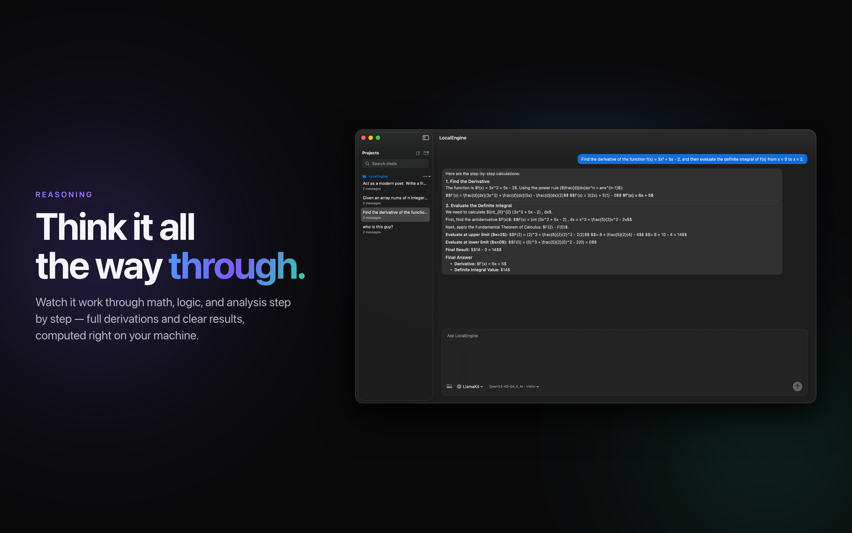 Step-by-step reasoning computed on your Mac